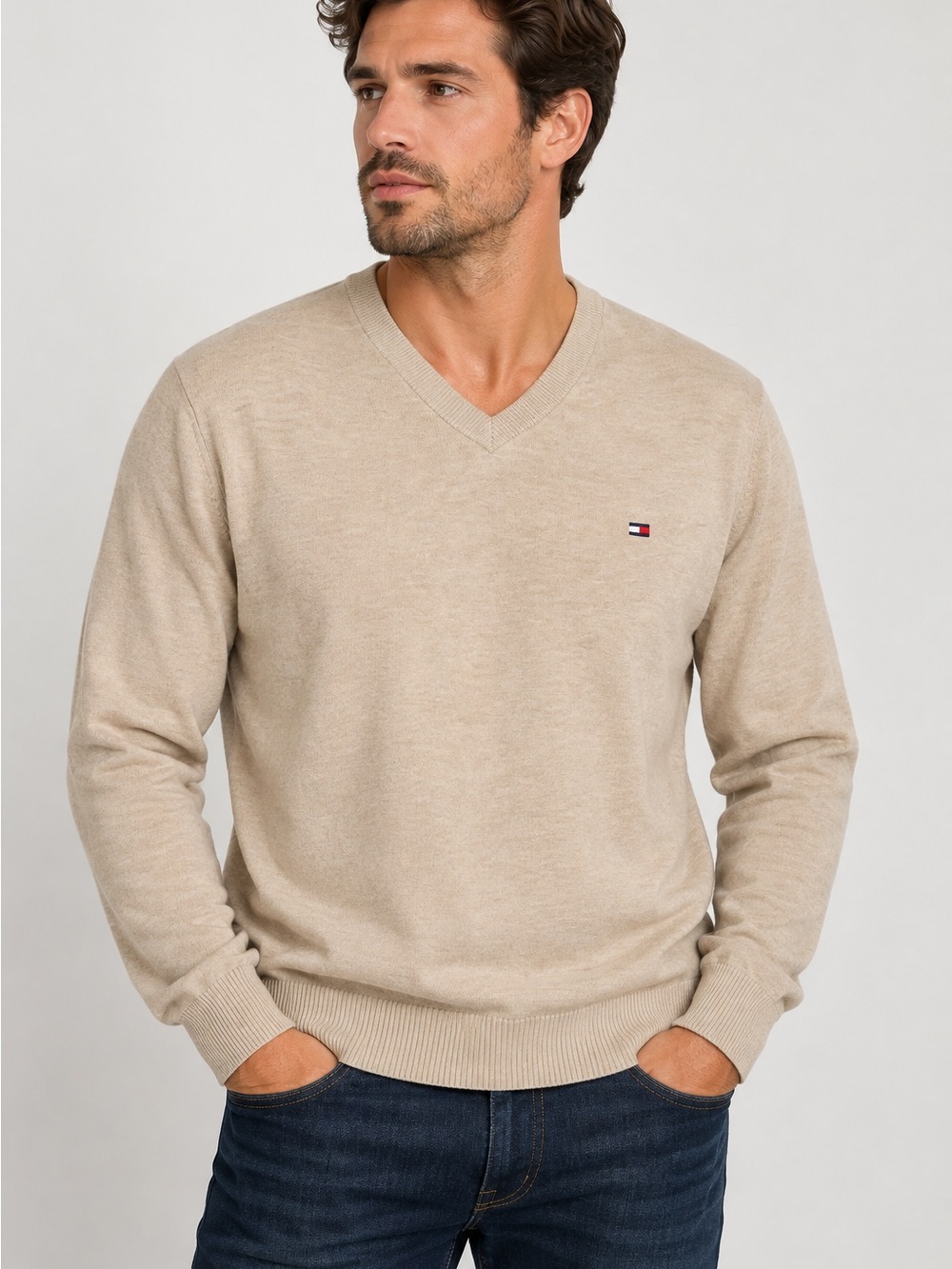 Tommy Hilfiger Men’s XL Beige V-Neck Sweater Flag Logo Pullover